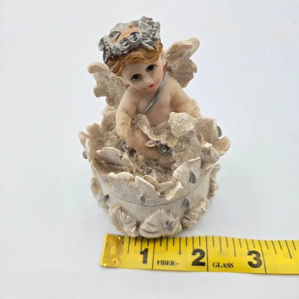 Angel Cherub Trinket Box Small Cream Whimsical Glitter Resin Leaf Decor